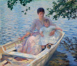 Mãe e filho em um barco